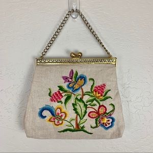 Vintage Embroidered Purse Floral Chain Handle Silk